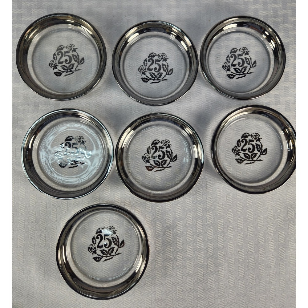 Vtg Set of 7 25th Anniversary Coasters Clear Glass w Platinum / Silver Edging